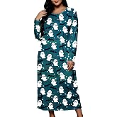 KioraLee Womens Halloween Sleep Dress Long Sleeve Printed Nightgown Pajamas | Halloween Style: Long Sleeve Sleep Dress With Pumpkin Ghost Skull And Bat Prints For Lounging And Costume Parties.