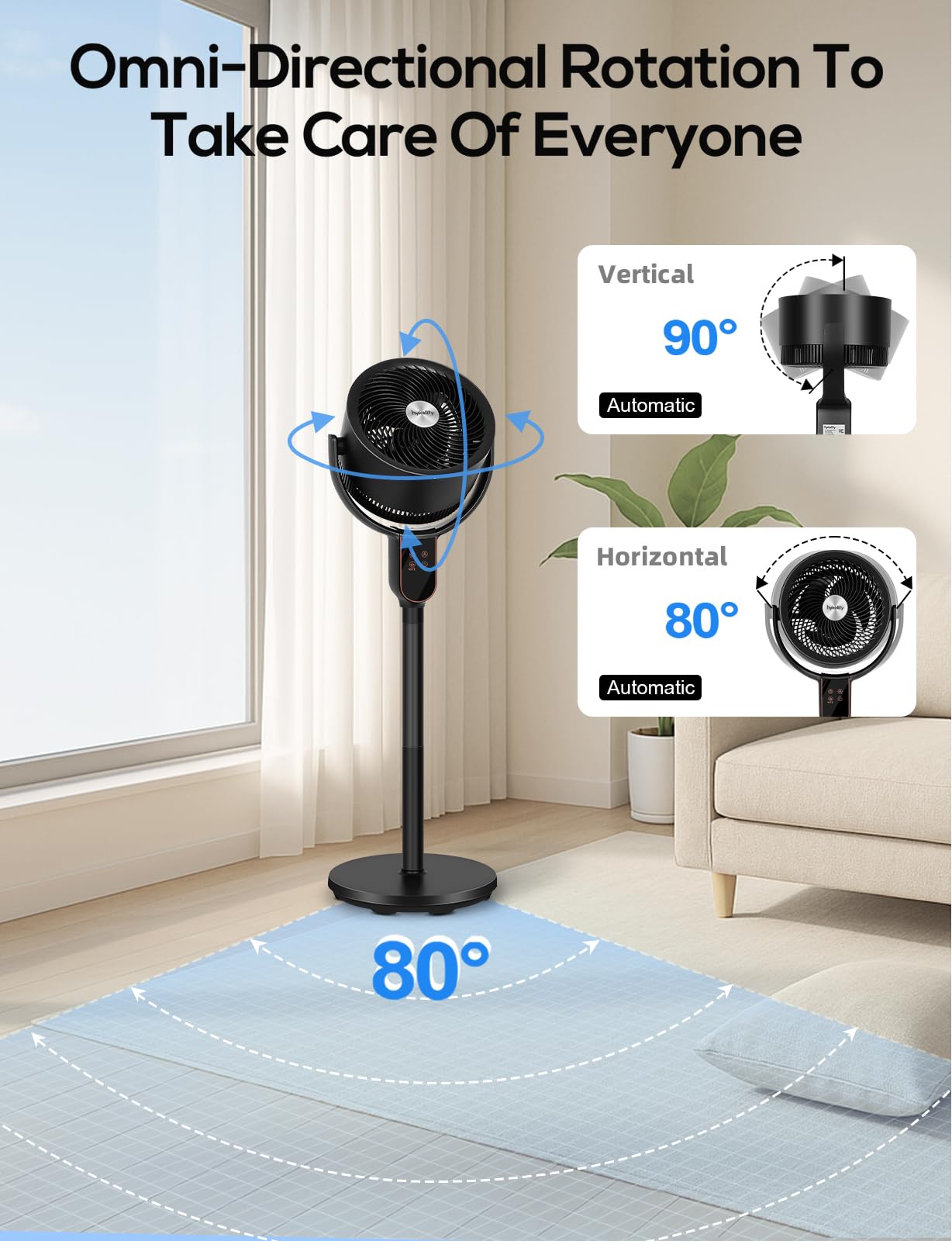 hykolity Fan for Bedroom, 90°+70° Omnidirectional Oscillating Standing Fan, 3 in 1 Pedestal & Tabletop fan, Quiet Floor Fan with Remote, Adjustable Heights, 8 Speeds Air Circulator, 12H Timer
