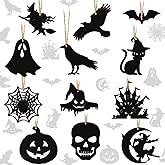 Tradder 36 Pcs Black Halloween Wooden Hanging Ornaments Wooden Pumpkin Ghost Witch Hat Spiders Bats Ornaments Halloween Wood Hanging Signs Decors with Rope for Party