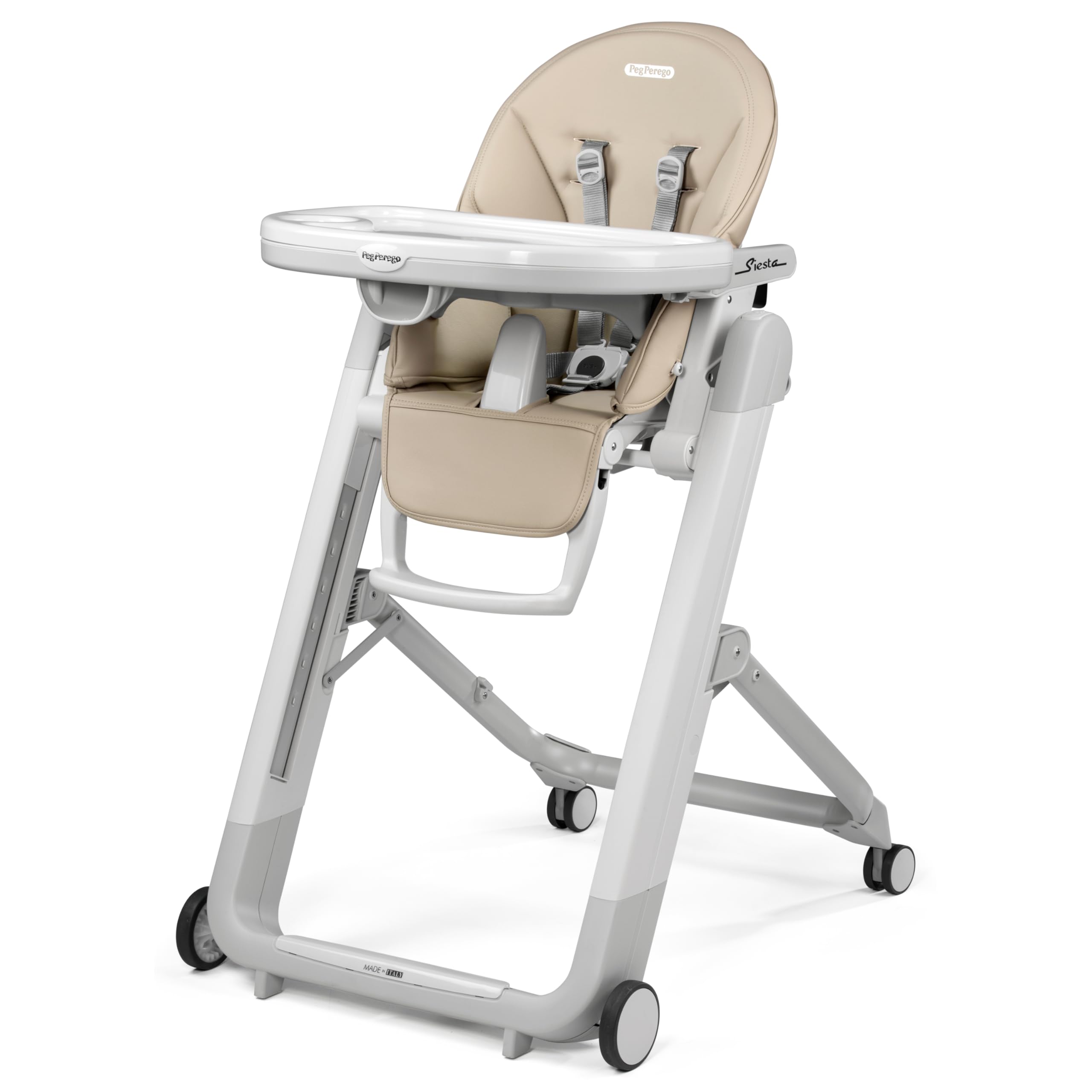 Peg Perego Siesta, Grow with Baby Folding High Chair & Recliner, Height Adjustable, Quick Clean & Easy Push Wheels for Babies & Toddlers, Made in Italy, Astral (Beige) Image
