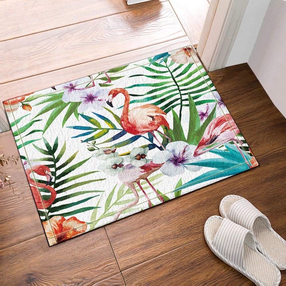 HTSJYJYT Flamingo Decor Flamingo With Tropical Palm tree Garden Hibiscus Flower Plant Bath Rug Non-Slip Floor Entryways Outdoor Indoor Front Door Mat 60x40cm Bath Mat Bathroom Rugs