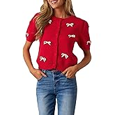 Kedera Women's Casual Short Knit Bow Sweater Crew Neck Puff Sleeve Shirts Sweater Loose Blouses Tops