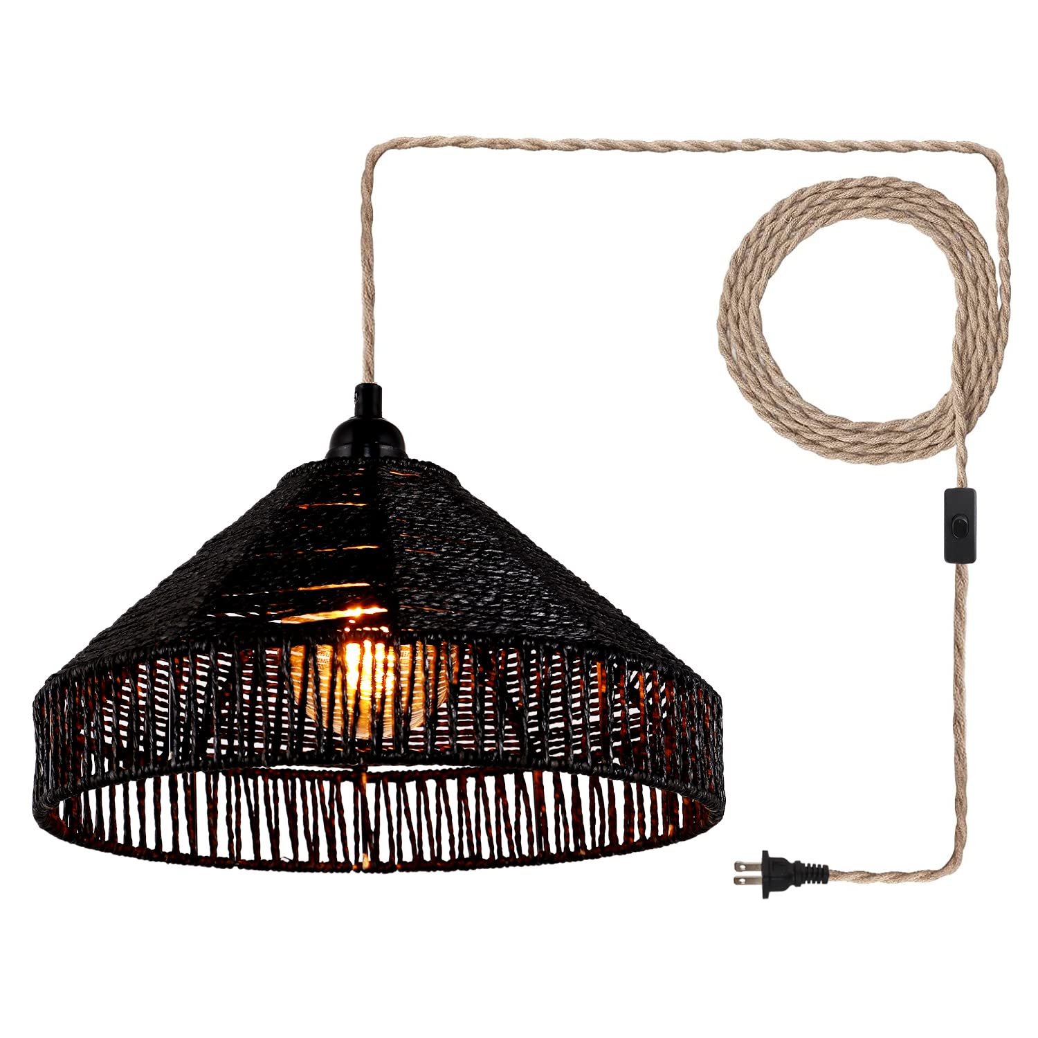 Photo 1 of Plug in Pendant Light Rattan Hanging Lamp with On/Off Switch 15 Ft Hemp Rope Modern Woven Pendant Light Fixtures 12" Handwoven Rattan Basket Shade Boho