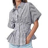 Tankaneo Womens Striped Peplum Button Down Shirts Short Sleeve Pleated Tops Summer Business Casual Blouses