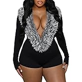 Unybwonn Womens Fur Mini Romper Sexy Long Sleeve Deep V Neck One Piece Outfits Bodycon Going Out Party Shorts Jumpsuits
