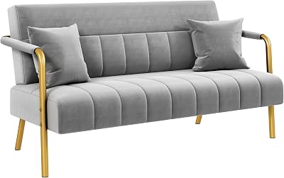 Yaheetech 2 Seater Velvet Loveseat Light Grey Gold Metal Arms Legs Bedroom