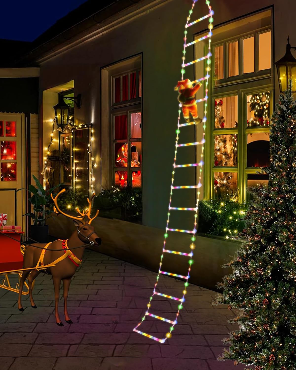 10ft LED Christmas Lights, Christmas Decorations Ladder Light with Santa Claus Indoor Outdoor, Window Lights, Garden Xmas Tree Light,8 Lighting Modes,USB Control-Colorful Rectangle