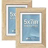 VCK 5x7 Picture Frame 2 Pack - Natural Wood Grain, High-End Wood Poster Frames with Tempered Glass, Display 4x6 Photo with Mat or 5x7 without Mat, Art Gallery-Quality, Wall Hanging/Tabletop, Natural