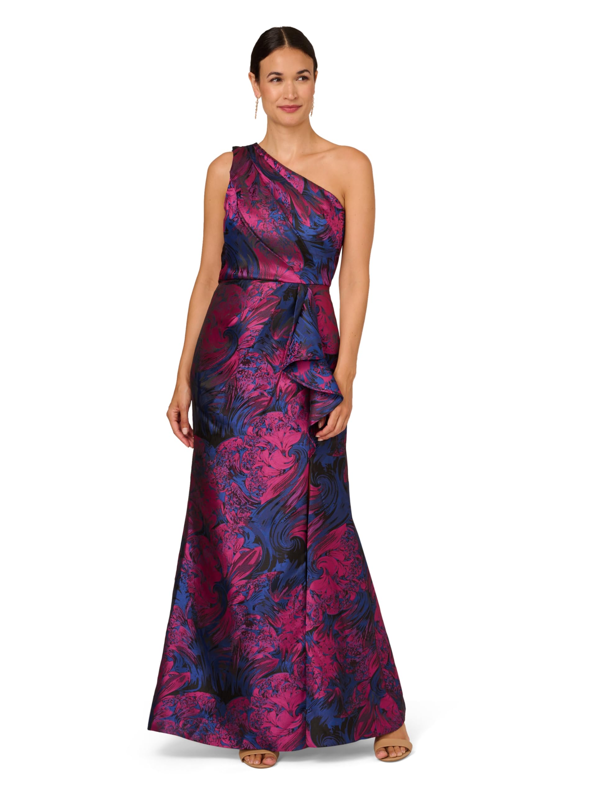 Photo 1 of Adrianna Papell Women's One Shoulder Jacquard Mermaid Gown | Formal Floor Length Dress with Floral Design & Drape Detail, Navy/Orchid, 18
