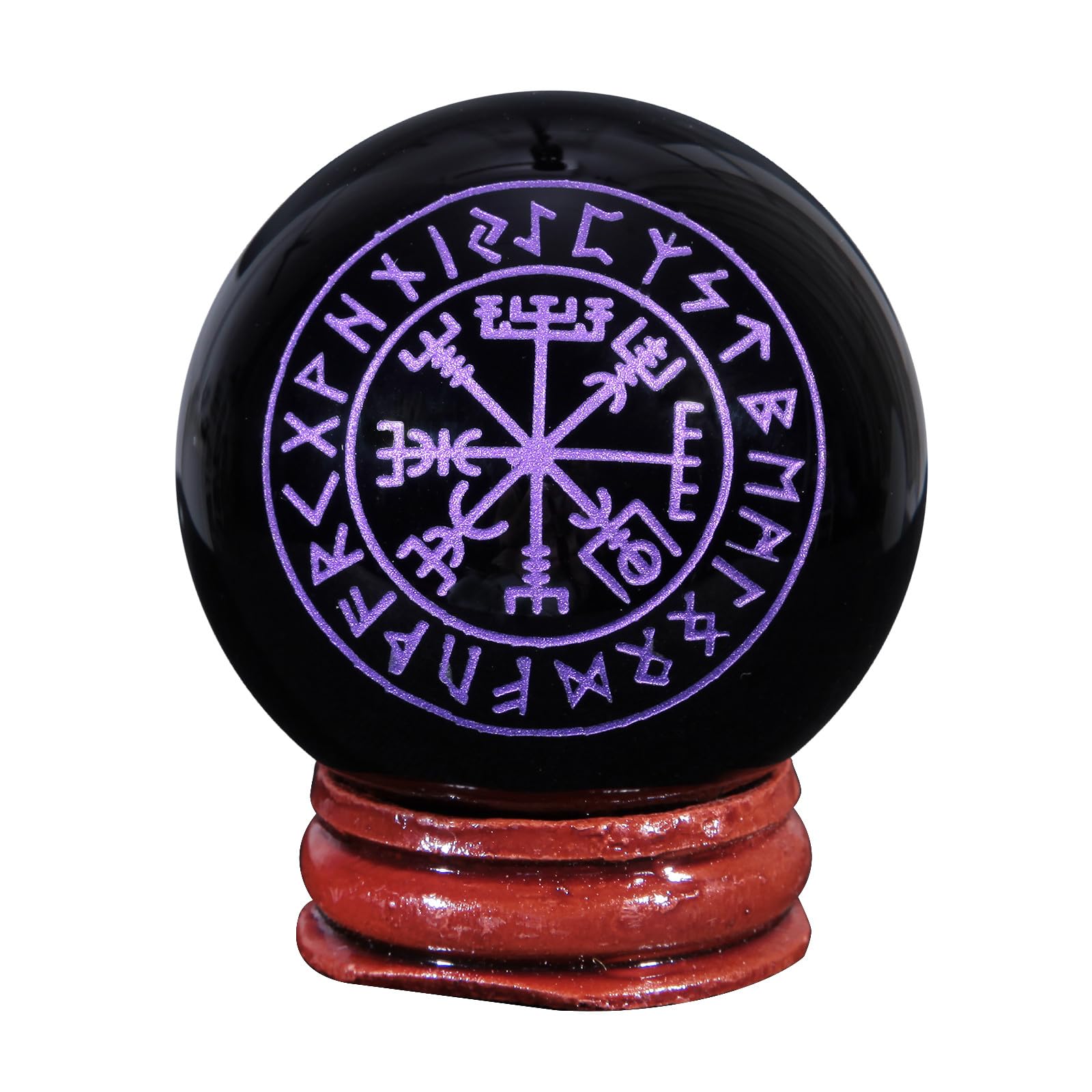 mookaitedecor Engraved Runes Symbol Black Obsidian Crystal Ball Sphere Ornament with Wooden Stand, Healing Crystal Stone Wiccan Witchcraft Gifts Reiki Spiritual Room Desk Decor(Purple)