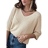Dokotoo Women's 2026 Summer Spring Casual 3/4 Sleeve Solid Color V Neck Loose Pullover Knit Fall Sweaters Tops