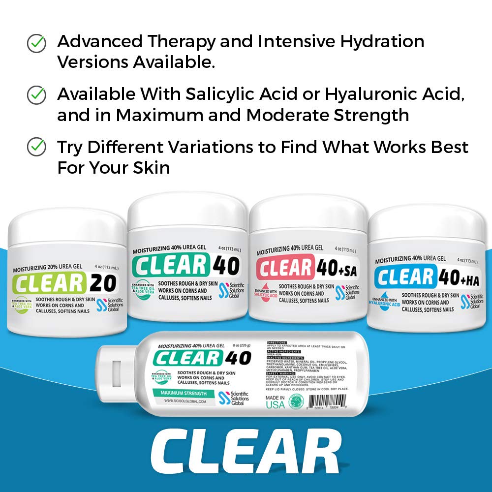 CLEAR 40, 40% Urea Gel, 4 oz w/ Tea Tree & Coconut Oil, Aloe Vera Extract, Callus & Corn Remover Moisturizes & Softens Cracked Heels, Feet, Elbows, Hands, Nails, Re-hydrates skin better than creams : Beauty