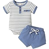 Gobuuly Newborn Baby Boy Summer Clothes Striped Waffle Short Sleeve Romper and Shorts Set Infant Knit Outfit