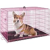 FDW | 30" Foldable Metal Dog Crate | Pink | Cage for Medium Dogs | Heavy Duty, Portable Wire Kennel with Double Door, Divider &amp; Leak-Proof Tray | For Training, Home, Travel Indoor/Outdoor Use
