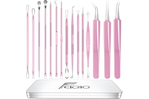 FEIQIO Pimple Popper Tool Kit, 15 PCS Blackhead Remover Comedone Acne Extractor Tools, Professional Sharp Stainless Skin Blemish Removal Pimple Tools with Metal Case