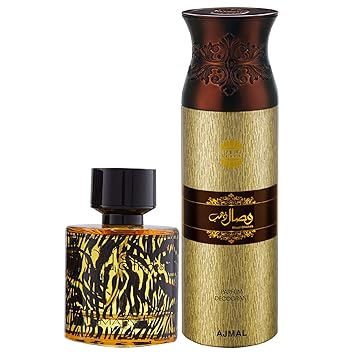 Maryaj Wild Stripes Eau De Parfum Aromatic Oriental Perfume 100ml for Men and Ajmal Wisal Dhahab Deodorant Fruity Floral Fragrance 200ml for Men + 2 Parfum Testers FREE