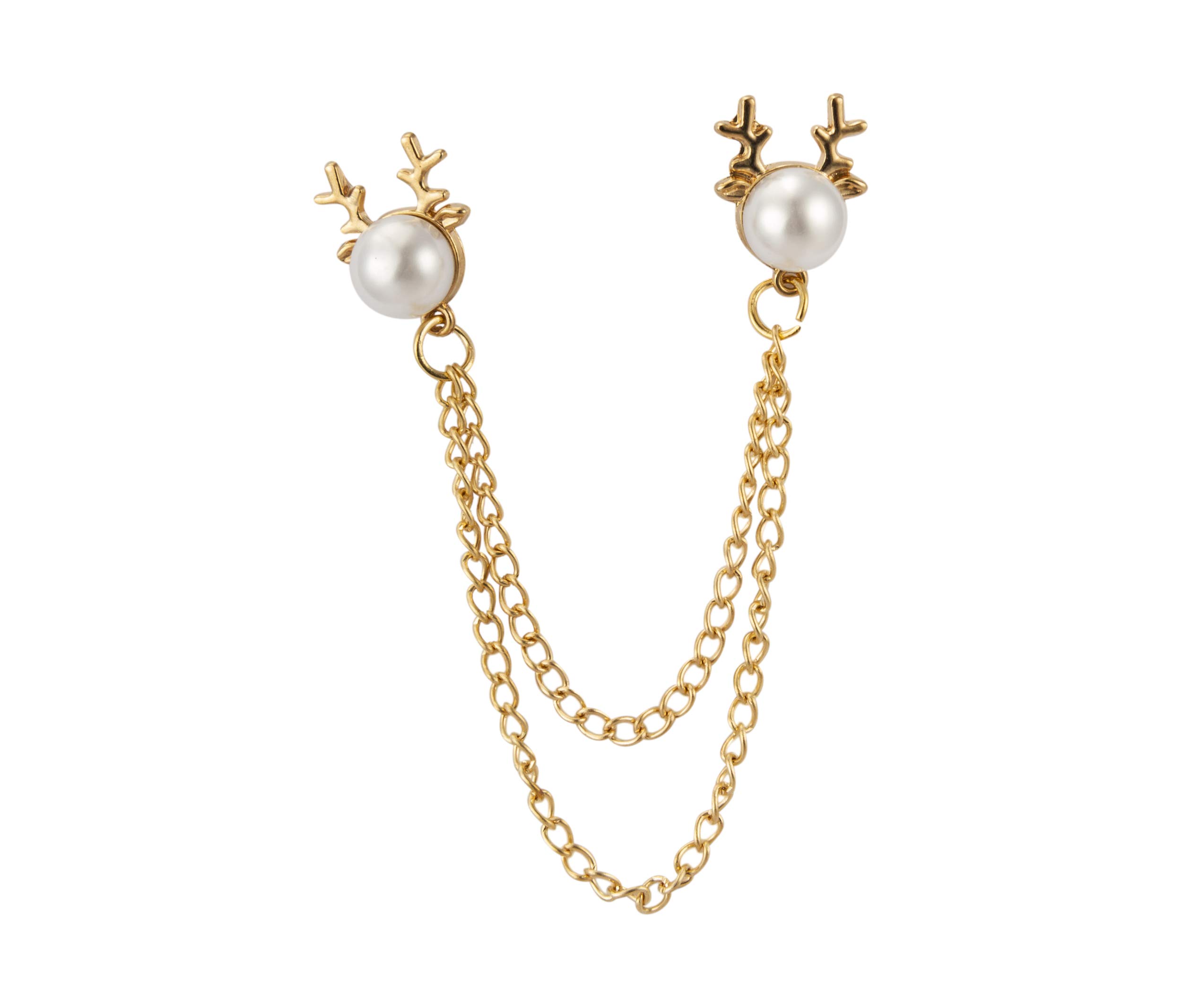 Knighthood Pearl with Gold Reindeer Horn and Hanging Chain Detailing Lapel Pin Badge Coat Suit Wedding Gift Party Shirt Collar Accessories Brooch for Men