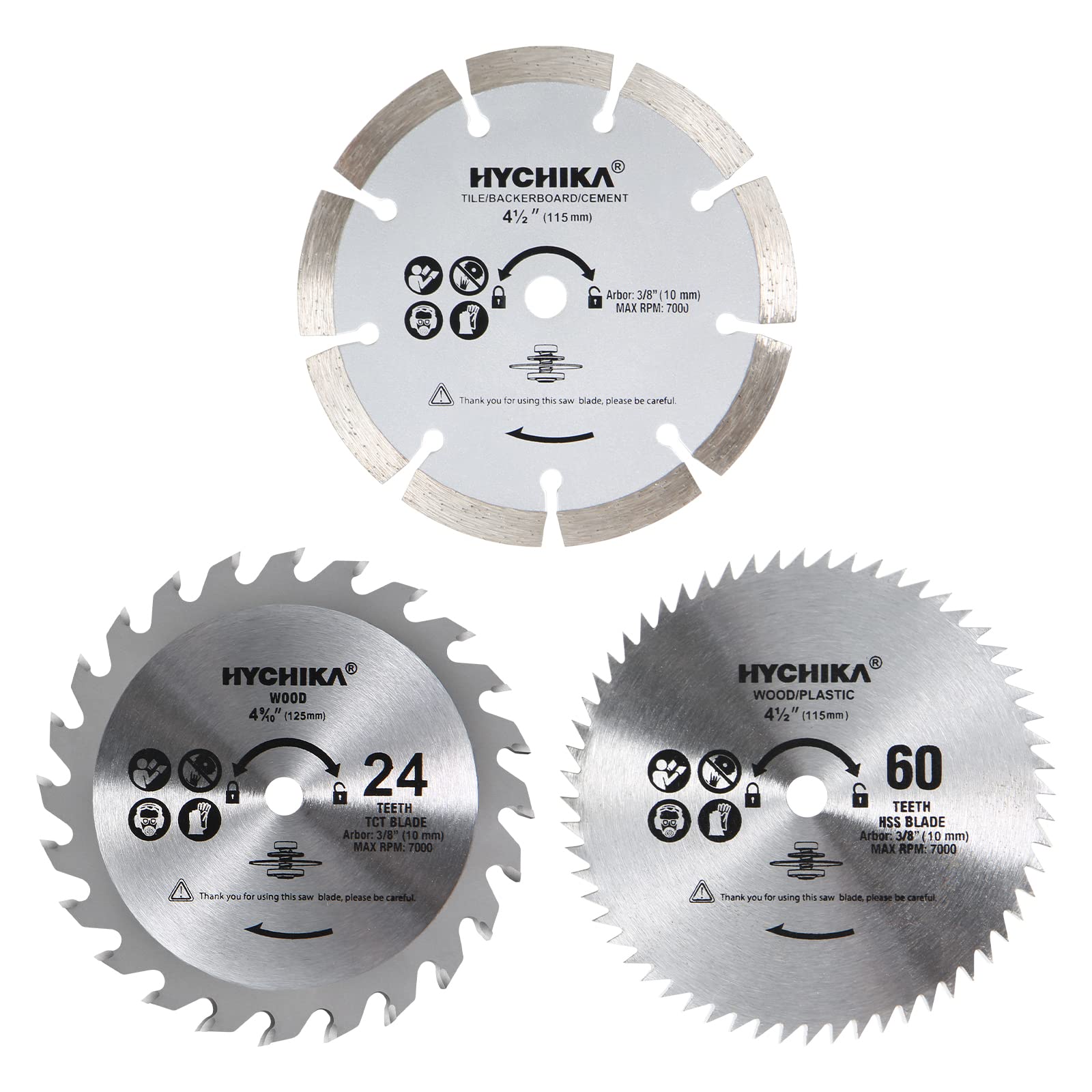 HYCHIKA Circular Saw Blades 115mm, Mini Circular Saw 3 Blades (24T TCT Saw Blade, 60T HSS Saw Blade, Grit Diamond Blade) for Cutting Wood, Soft Metal, Tiles