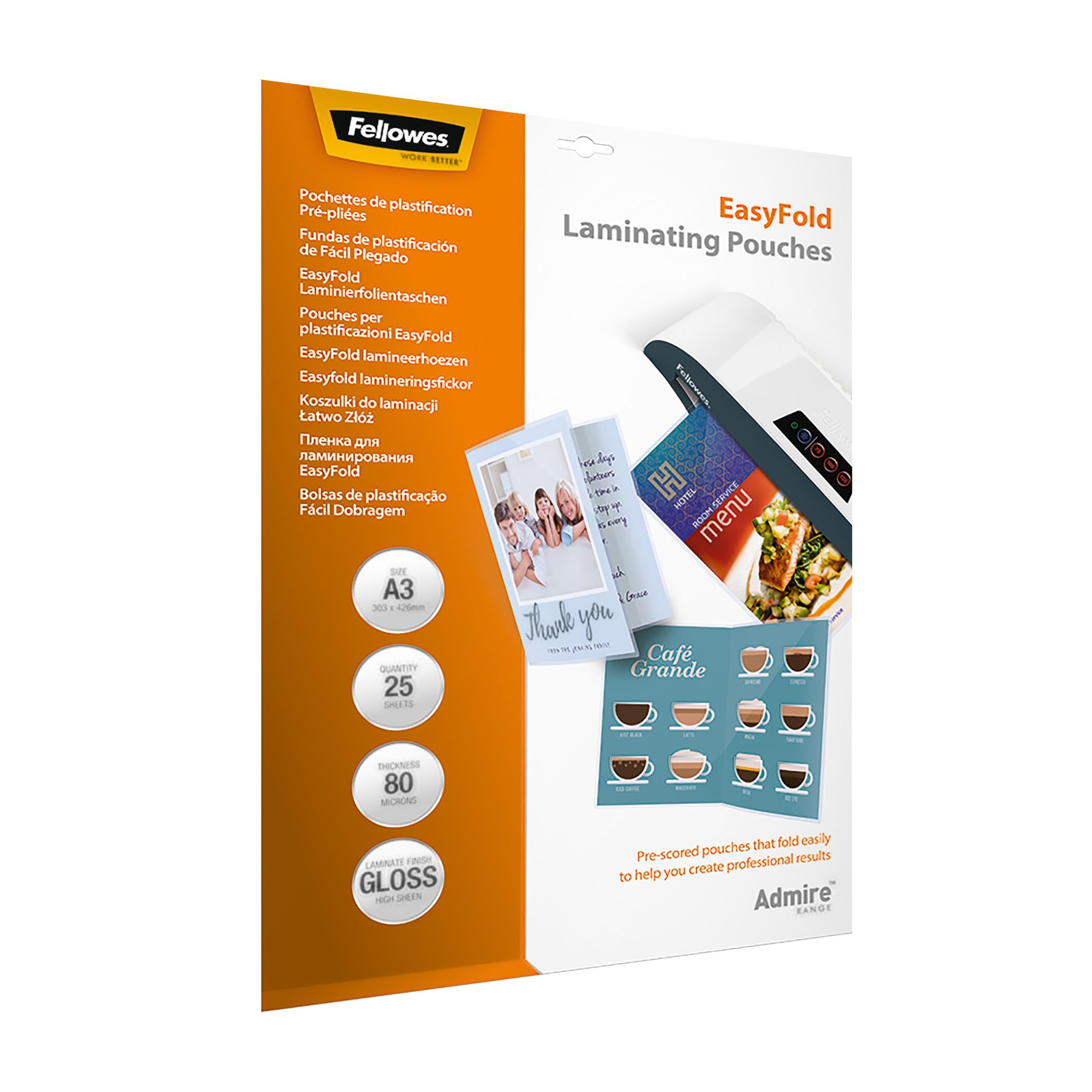 Fellowes 5602001 Admire A3 80Mic Easyfold Pouch 25pk