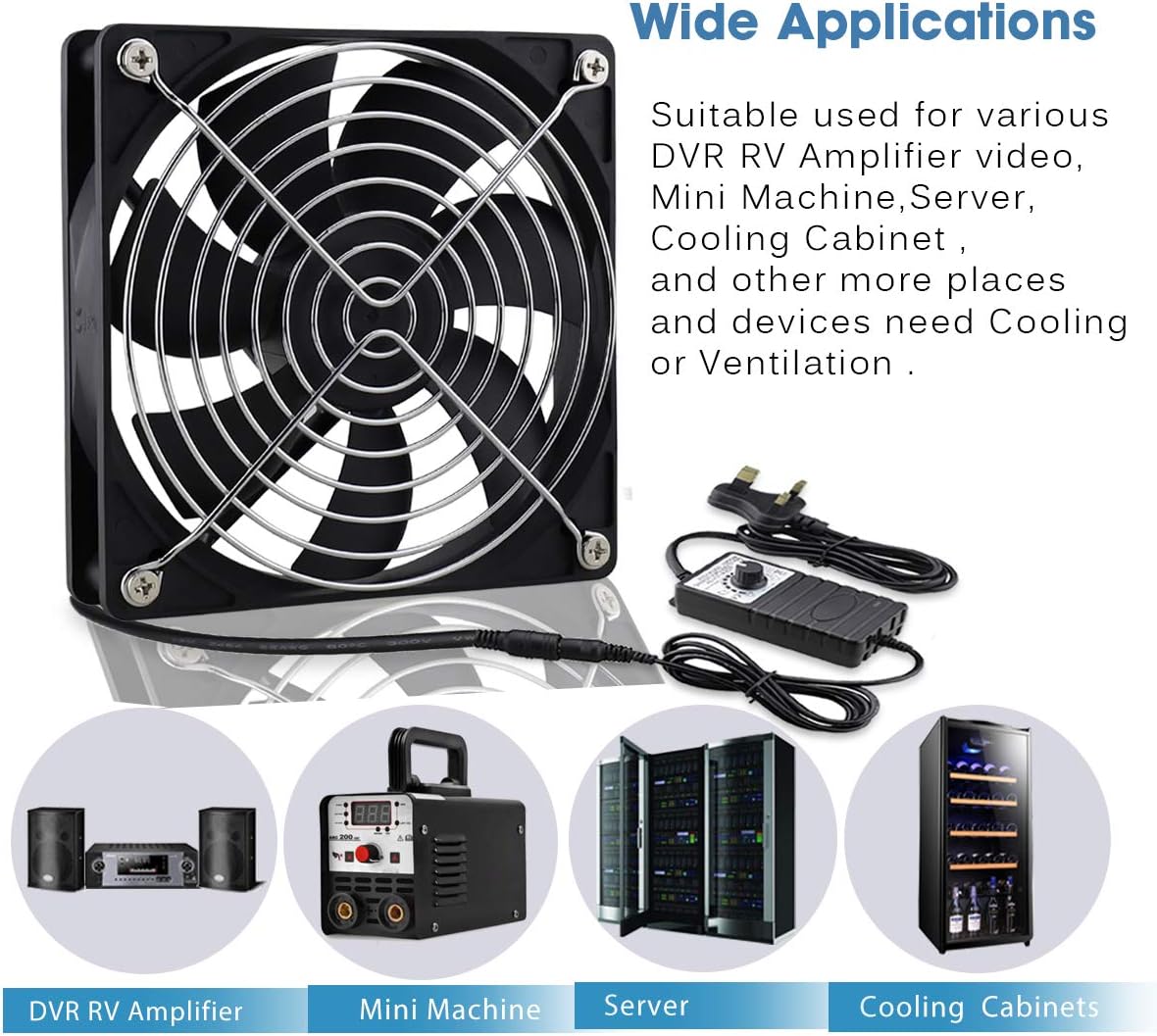 GDSTIME 120mm Computer Fan with 220V 240V AC Plug Double Ball Bearing 120 x 25mm PC Cooling Fan 4-12v Speed Controller 3000 RPM 12025 Brushless Case Cooler for Chassis Sever Cabinet PSU Ventilation - Image 3