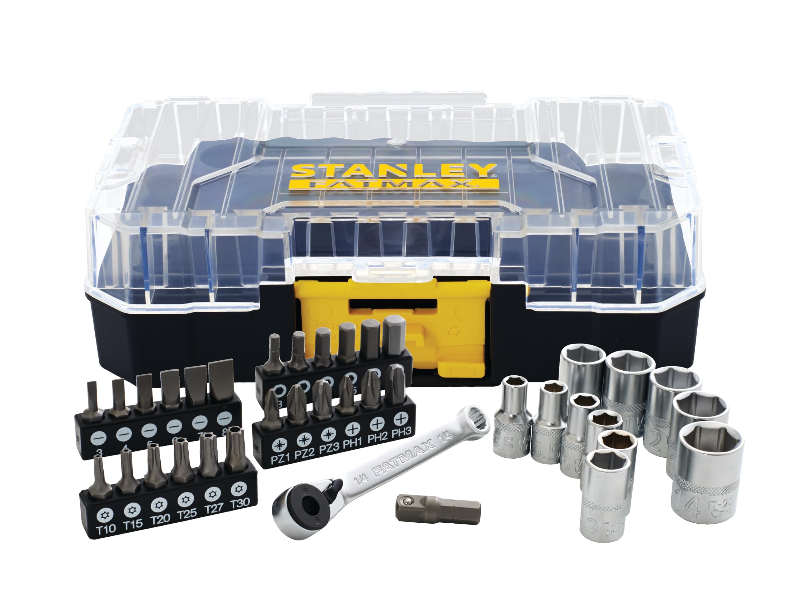 Stanley, FatMax® PRO-Stack™ 1/4in Socket & Bit Set, 37 Piece, All sockets Feature a Maxidrive Profile to maximise Contact Between The Socket and nut, and Visible Dimensions