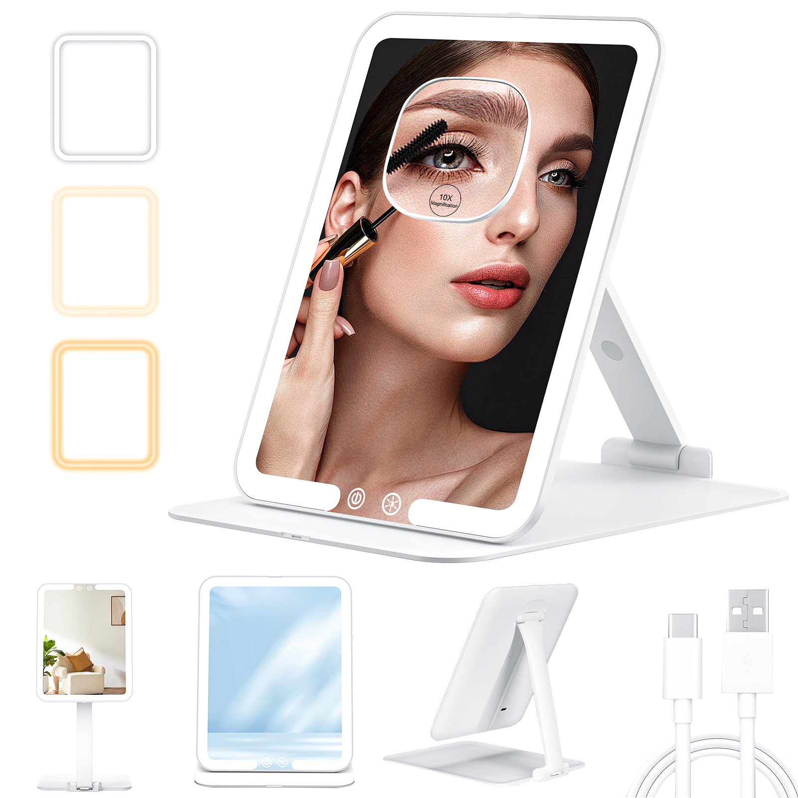 SHEDALED Travel Makeup Mirror with Light, Portable Folding Make Up Tabletop Mirror with 3 Colors Light Modes & 10X Magnifying Mirror, Rechargable Vanity Mirrors with Adjustable Stand