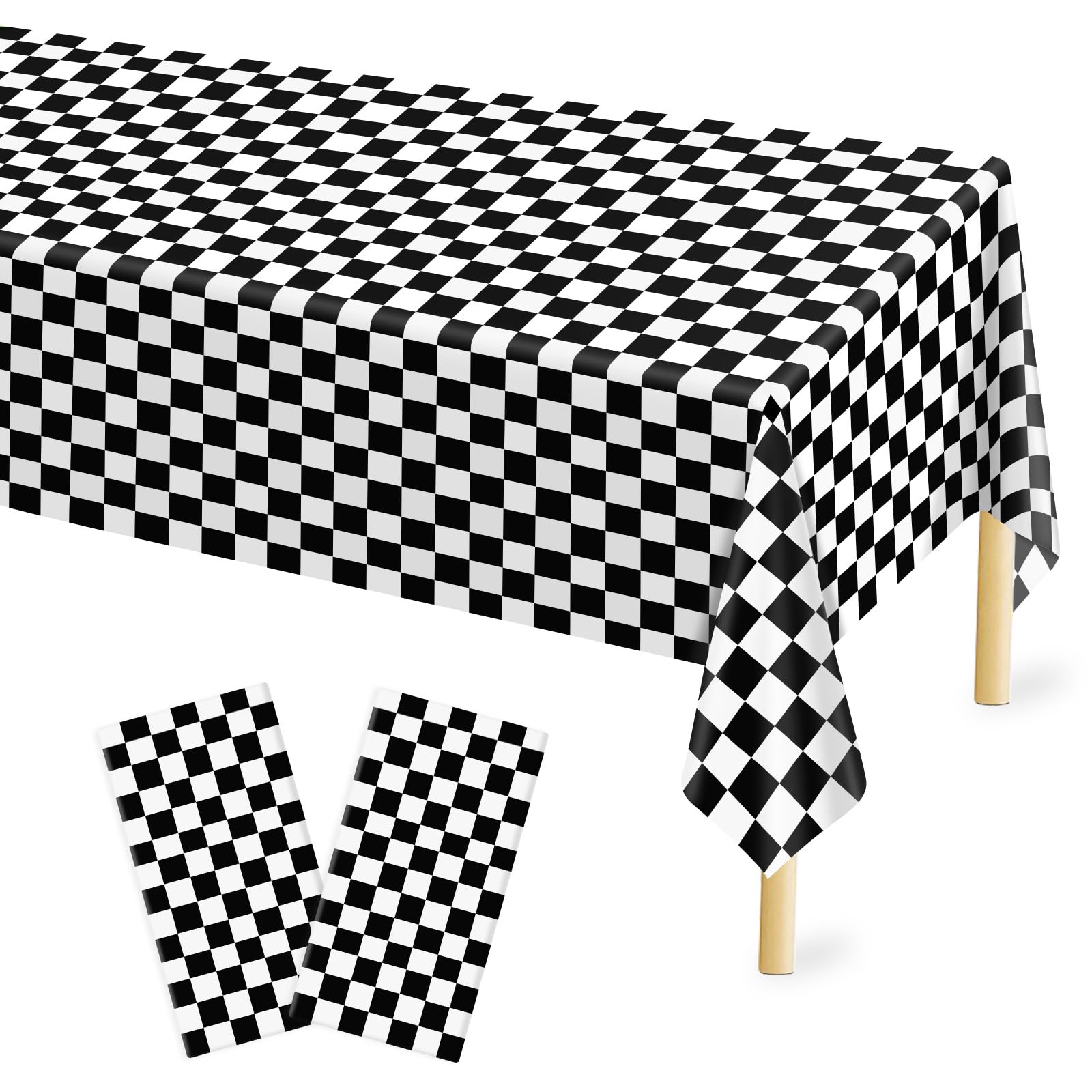 Photo 1 of Mulbozy 2 Pcs Checkered Tablecloth Plastic for Birthday Decor, 54 × 108 inches Disposable Black and White Checkered Table Covers for Baby Shower, Race Car Birthday Party Decorations