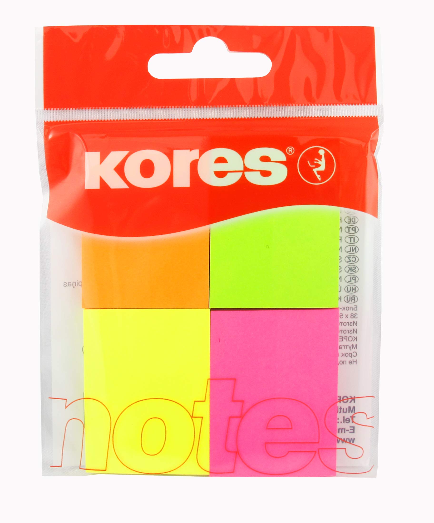 Kores - Multicolour Sticky Notes - Neon Coloured, Self-Stick Notes, Memo Block, Notepad, Back to School Supplies, Office Supplies - 40 x 50mm, Pack of 4 x 50 Sheets