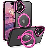YINLAI Case for iPhone 16 Plus, Magnetic Case [Compatible with Magsafe] with Ring Holder Stand Slim Translucent Matte Men Women Shockproof Protective Back Phone Cover 6.7 Inch, Hot Pink/Black