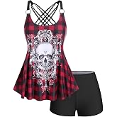 Rosegal Womens Plus Size Gothic Skull Plaid Padded Boyleg Strappy Modest Tankini Swimsuit Set