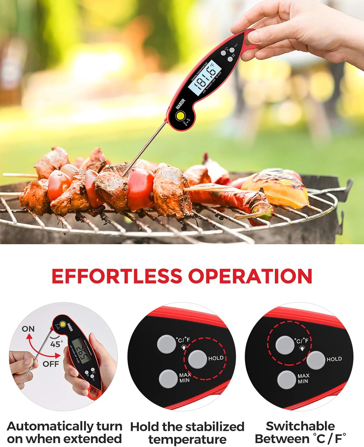 Habor Digital Meat Thermometer Upgraded Waterproof, 3s Instant Read Digital Cooking Thermometer, Kitchen Food Thermometer with Backlight & Ambidextrous Display for Candy Turkey BBQ Milk Water: Kitchen & Dining
