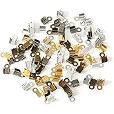 200 Pieces Fold Over Cord Ends Cord Crimp End Tips Fold-Over End Caps Leather Ribbon Ending Clasp Tips Jewelry Connector for Jewelry Making, 3.5 x 9 mm/ 0.14 x 0.35 Inch, 6 Colors