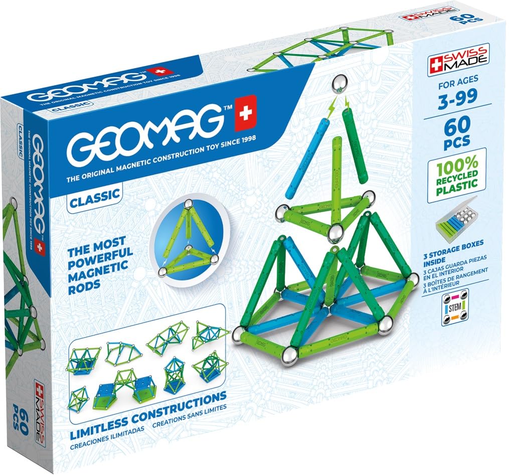 Geomag Classic - 60 Pieces- Magnetic Construction for Children - Green Collection - 100 Percent Recycled Plastic Educational Toys