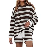 ZESICA Striped Lounge Sets for Women Fall 2026 2 Piece Oversized Outfits Long Sleeve Tops and Shorts Sweater Pajama Set