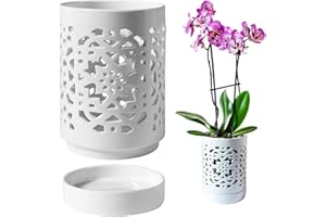 Orchid Pots, Orchid Planter with Holes & Saucer & Drainage Ceramic Plant Pot for Indoor Outdoor Plants/5x4in(White)