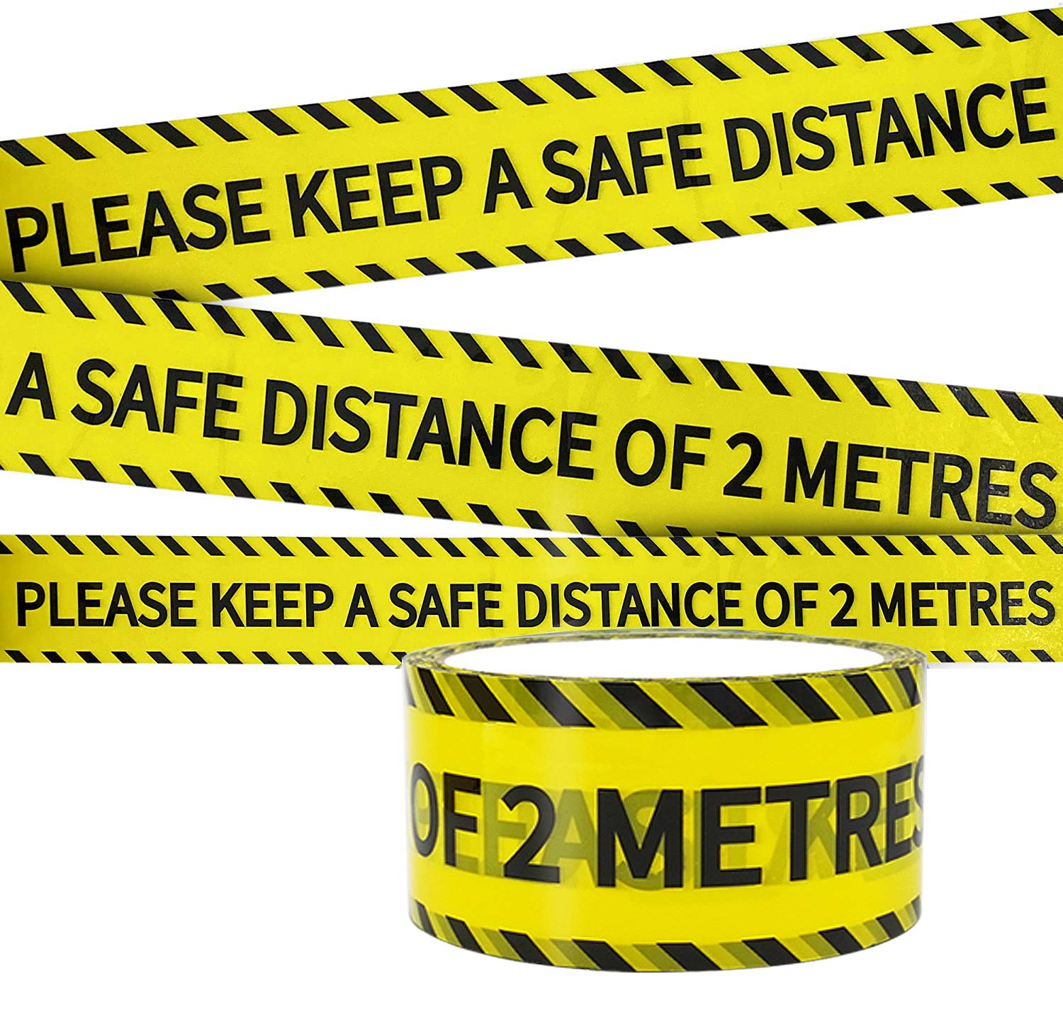LOMHOK Black/Yellow Warning Tape, PLEASE KEEP A SAFE DISTANCE OF 2 METRES Adhesive Barricade Safety Tapes (82.02ft x 1.89in) with Bold Black Twill for Workplace, Danger Areas