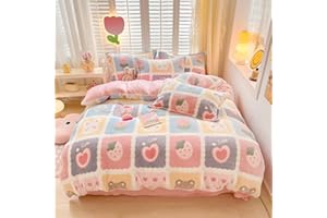 CinYana Plaid Duvet Cover Set Floral Duvet Cover Fluffy Comforter Cover Kawaii Cartoon Bunny Duvet Cover Twin Size Bedding Set (Lovely Grid, Twin)