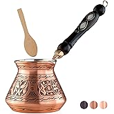 BCS 12 Oz Copper Turkish Greek Arabic Coffee Pot with Wooden Handle (4 servings) Cezve Ibrik Briki Stovetop Coffee Maker (Includes Wooden Spoon)