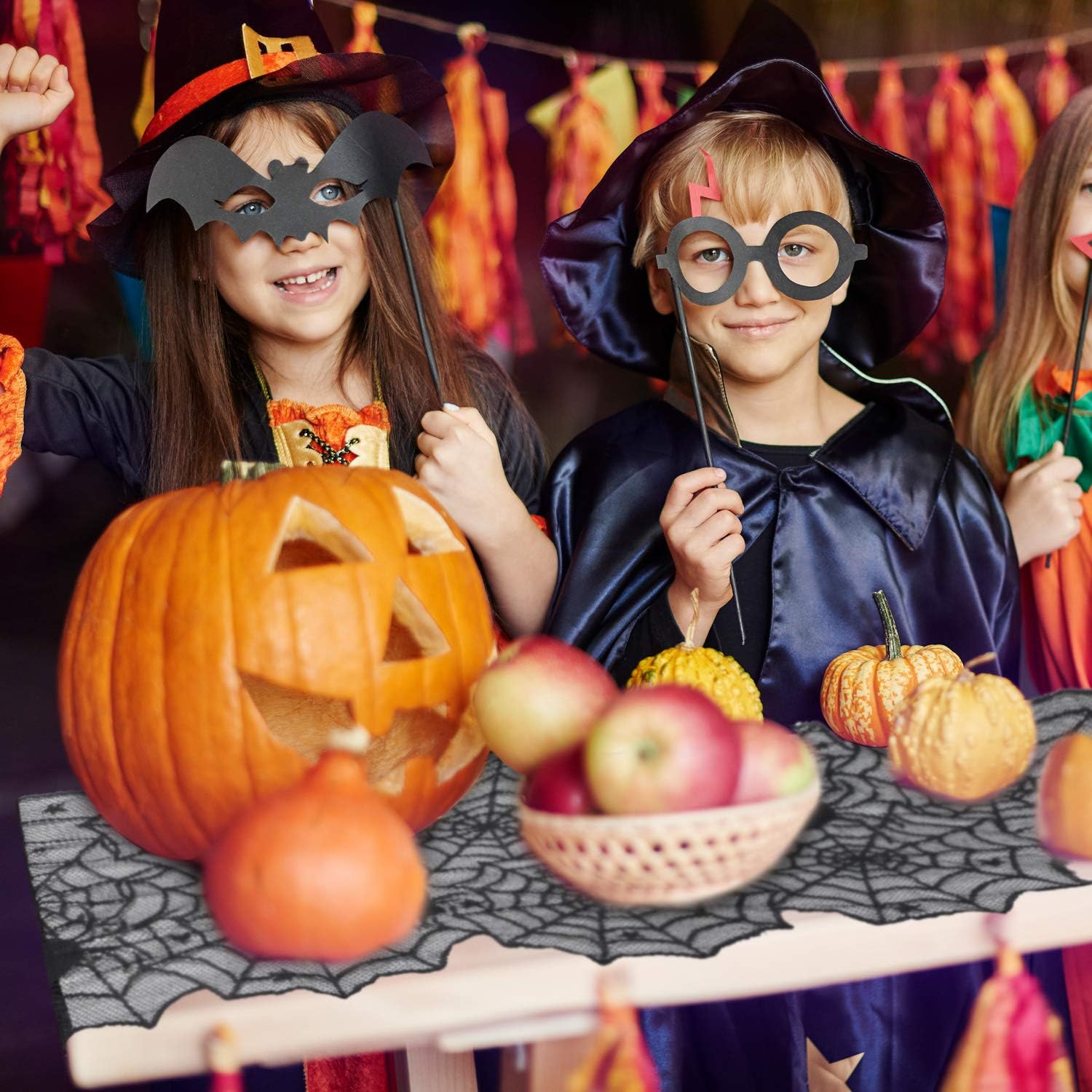 35 Pieces Halloween Decorations Set Include Lace Spider Web Table Runner, Round Lace Table Cover, Fireplace Mantel Scarf and 32 Pieces 3D Bats Wall Sticker Decal: Kitchen & Dining