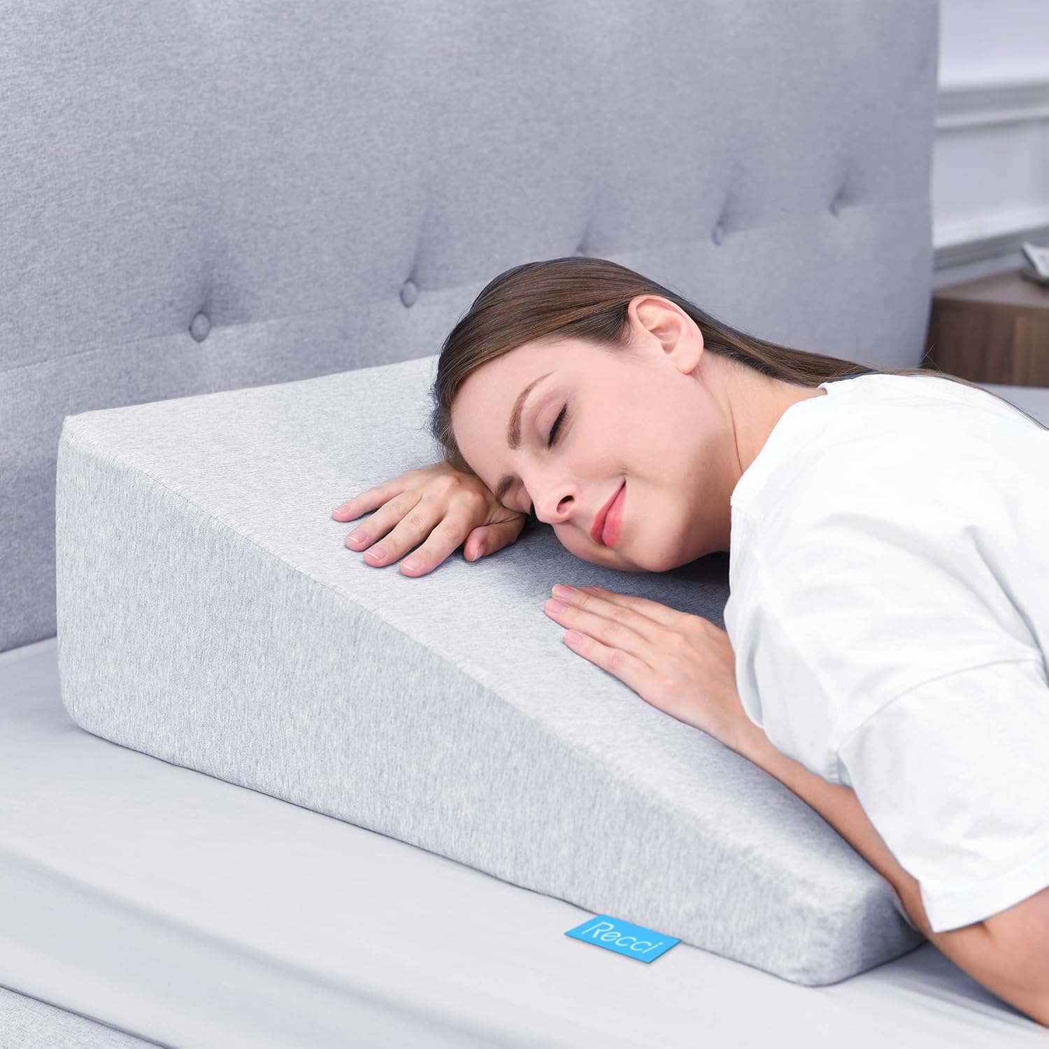 RECCI 8.5 Inch Wedge Pillow, 100% Memory Foam Incline Cushion System for Legs and Back Support Pillow, Wedge Pillow for Sleeping and Acid Reflux, Heartburn, Polygiene Removable Cover, 24x24x8.5”: Home & Kitchen