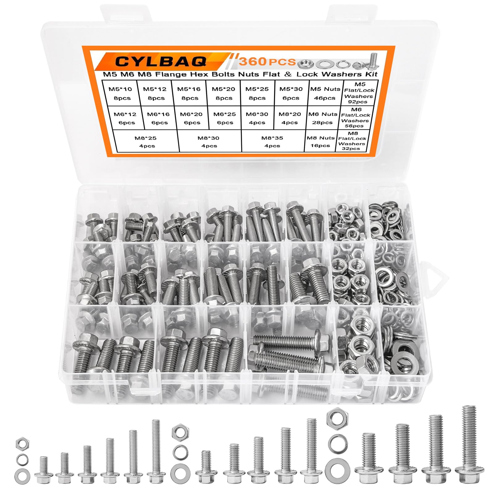 CYLBAQ 360PCS Flanged Bolts and Nuts Kit, M5 M6 M8 Stainless Steel 304 Metric Flanged Hex Screws Nuts, Heavy Duty Flange Hexagon Nut and Bolt Washer Assortment Kit Set — image 1