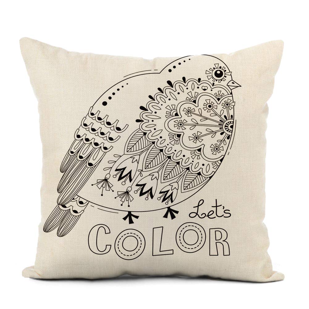 rouihot Linen Throw Pillow Cover Spring Bird Patterns and Flowers Coloring Book Page Abstract Home Decor Pillowcase 16x16 Inch Cushion Cover for Sofa Couch Bed and Car
