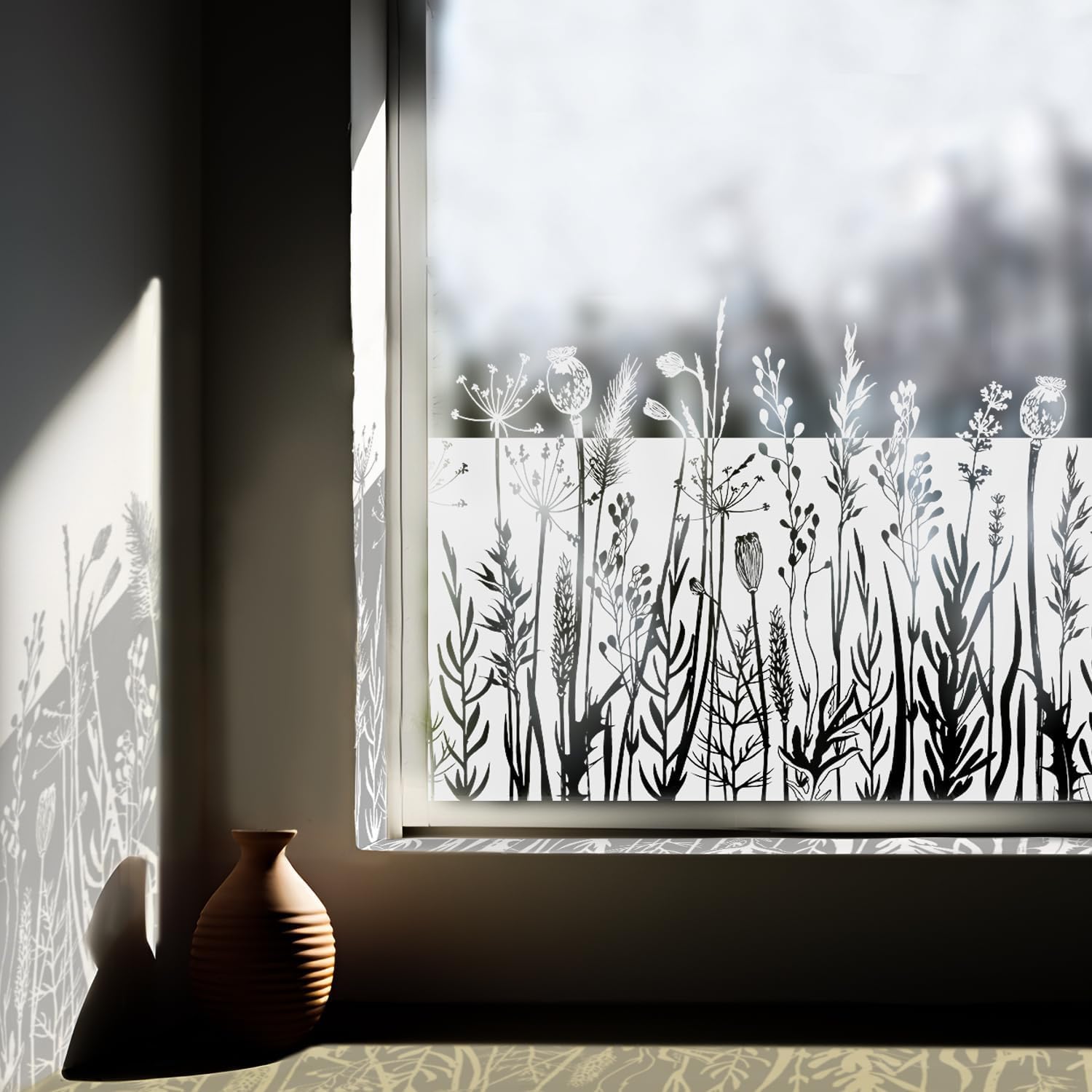 Chicskin 150X58CM Window Film Privacy for Glass Windows, Pure White Vintage Frosted Window Film, Floral Window Clings for Kitchen Bathroom Office Bedroom, White Film Flower Dandelion