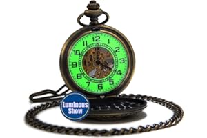 SEWOR Mens Luminous Dial Hand Wind Mechanical Pocket Watch with Brand Leather Gift Box (Stand Up Black) (Brown)