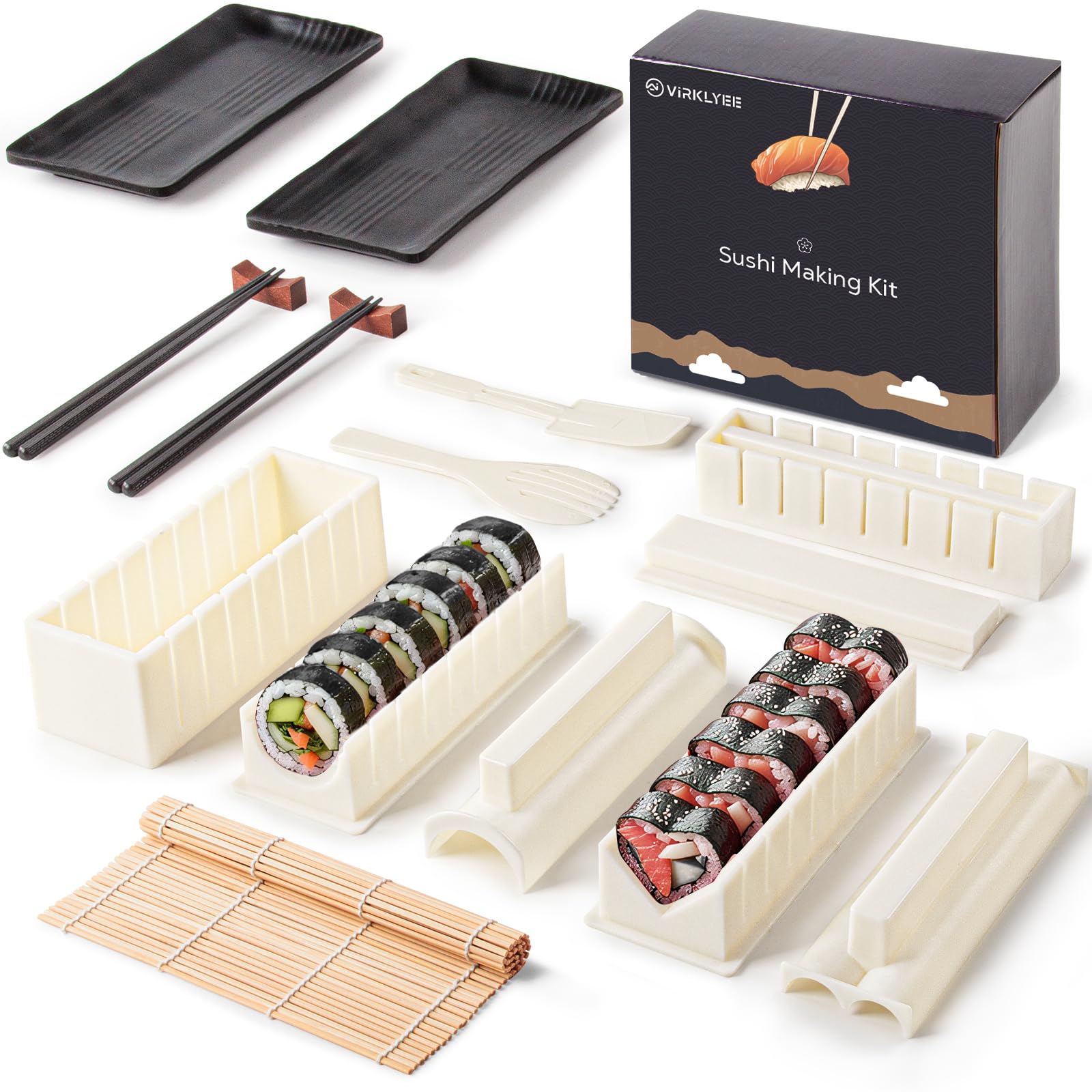 Virklyee Sushi Maker kit 5 Unique Mold Shapes 10PCS Plastic kit DIY Home Sushi Making Kit Sushi Tool Set Rice Roll Mold Multifunctional Mould Suit The Best Choice for Beginners or Foodie (White)