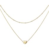 Glimmerst Layered Heart Initial Necklace for Women 18K Gold Plated Stainless Steel Beaded Chain Choker Necklace Personalized Tiny Letter A Name Necklace