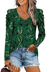CATHY Women's Long Puff Sleeve V-Neck Tunic Tops