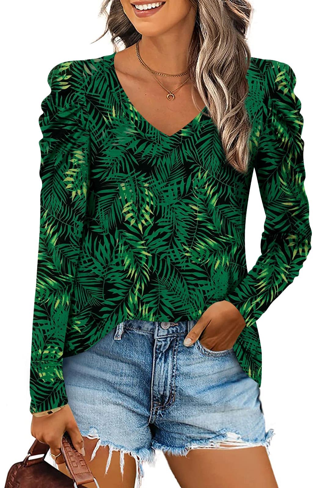CATHY Women's Long Puff Sleeve V-Neck Tunic Tops