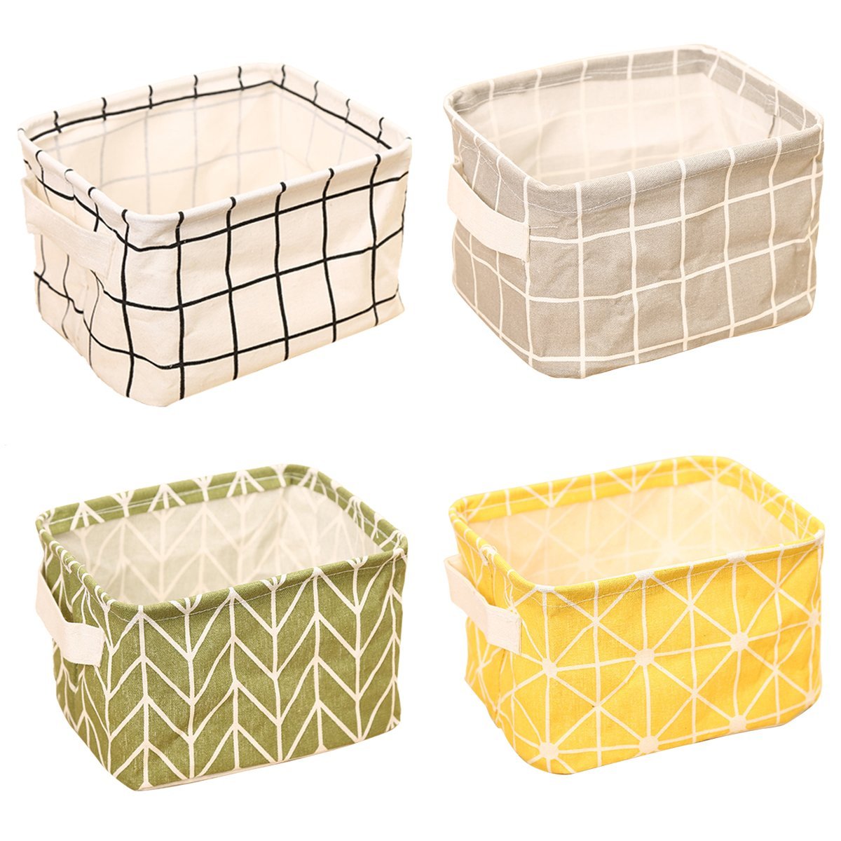 ZhengYue Storage Baskets Foldable Mini Square Natural Linen & Cotton Fabric Storage Bins Simple Desk Shelf Baskets Organizers - Set of 4 Organizer Storage Bags