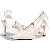 Coutgo Womens Slingback High Heels Bow Closed Pointed Toe Lace Patchwork Party Dress Shoes